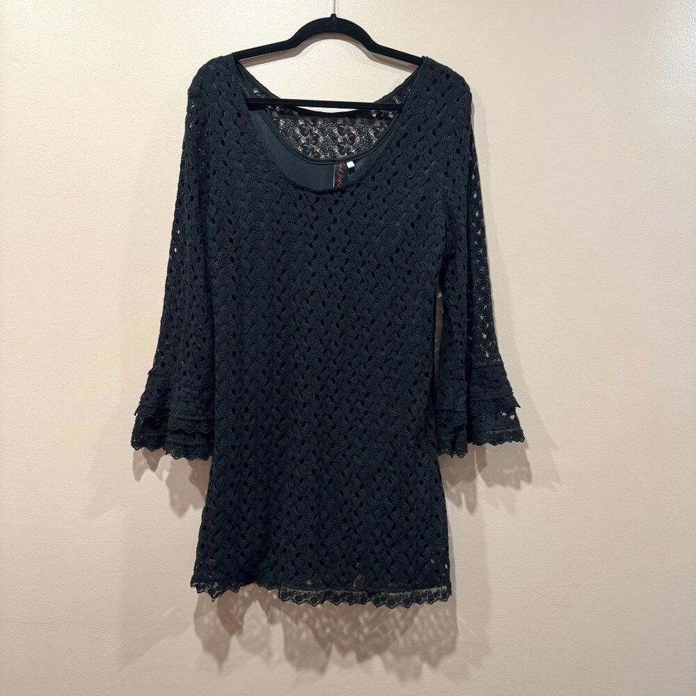 Women's Large Black Lace Long Sleeve‎ Mini Dress Bell Cuff Whimsygoth Couture